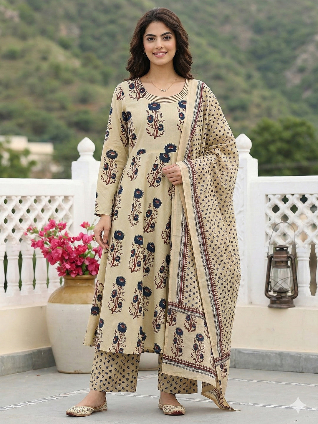Jaitpuriya Blue And Beige Pure Cotton Anarkali Regular Kurta Set