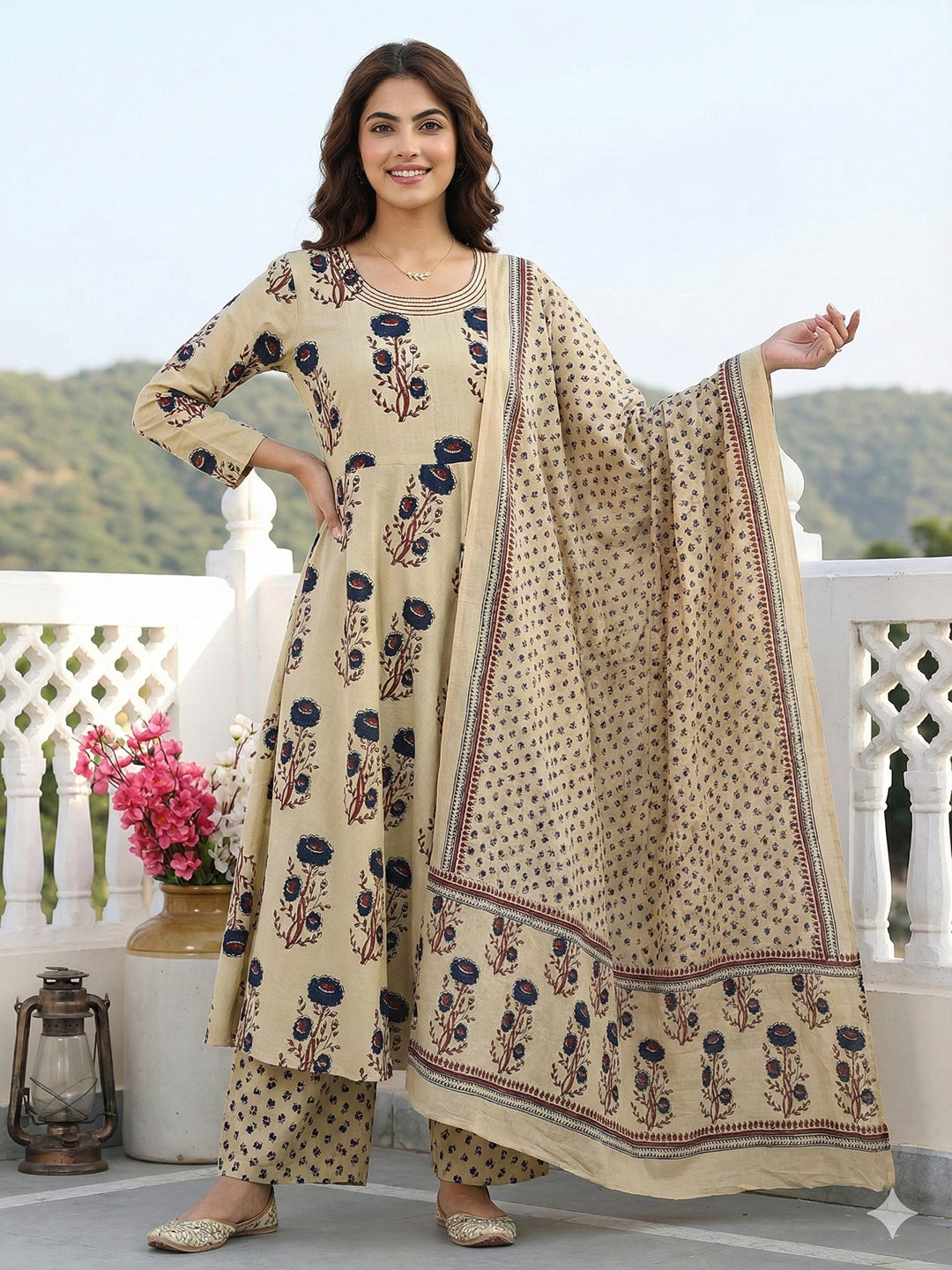 Jaitpuriya Blue And Beige Pure Cotton Anarkali Regular Kurta Set