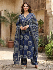 Jaitpuriya Blue Pure Cotton A-line Regular Kurta Set