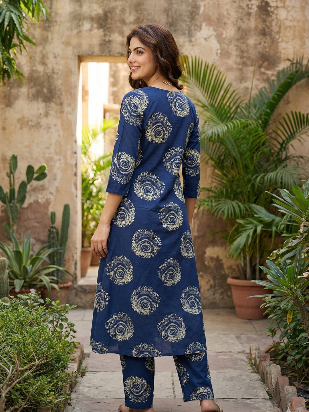 Jaitpuriya Blue Pure Cotton A-line Regular Kurta Set