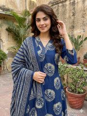 Jaitpuriya Blue Pure Cotton A-line Regular Kurta Set
