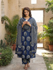 Jaitpuriya Blue Pure Cotton A-line Regular Kurta Set