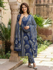 Jaitpuriya Blue Pure Cotton A-line PRIENCESS cUT Kurta Set