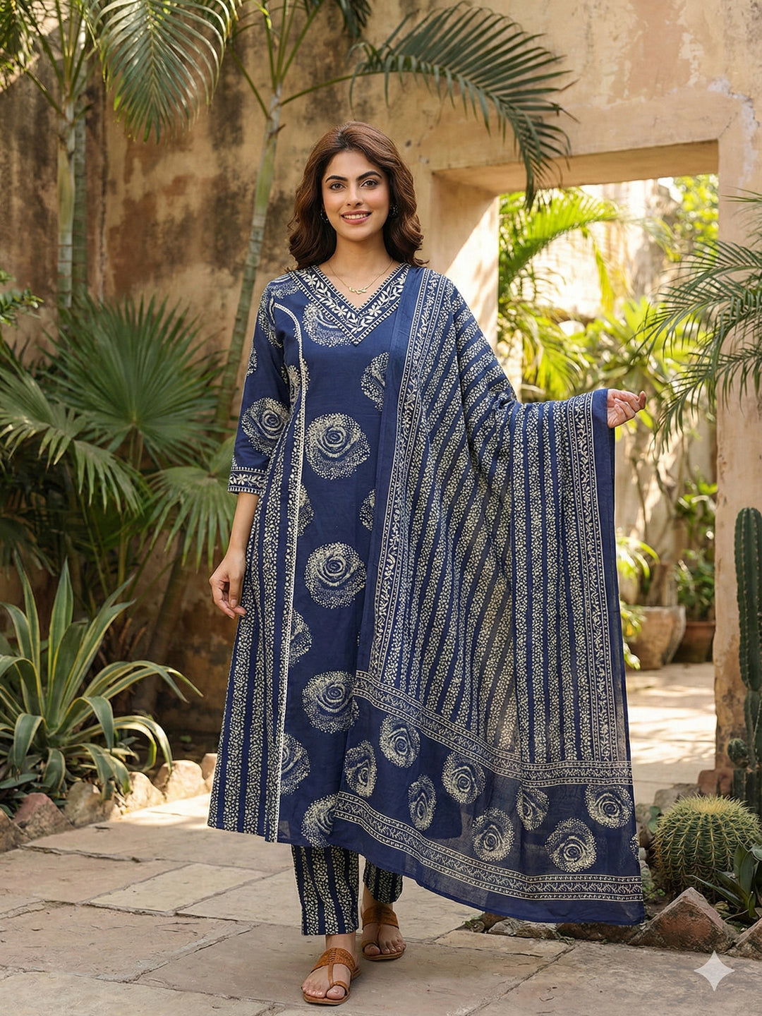 Jaitpuriya Blue Pure Cotton A-line PRIENCESS cUT Kurta Set