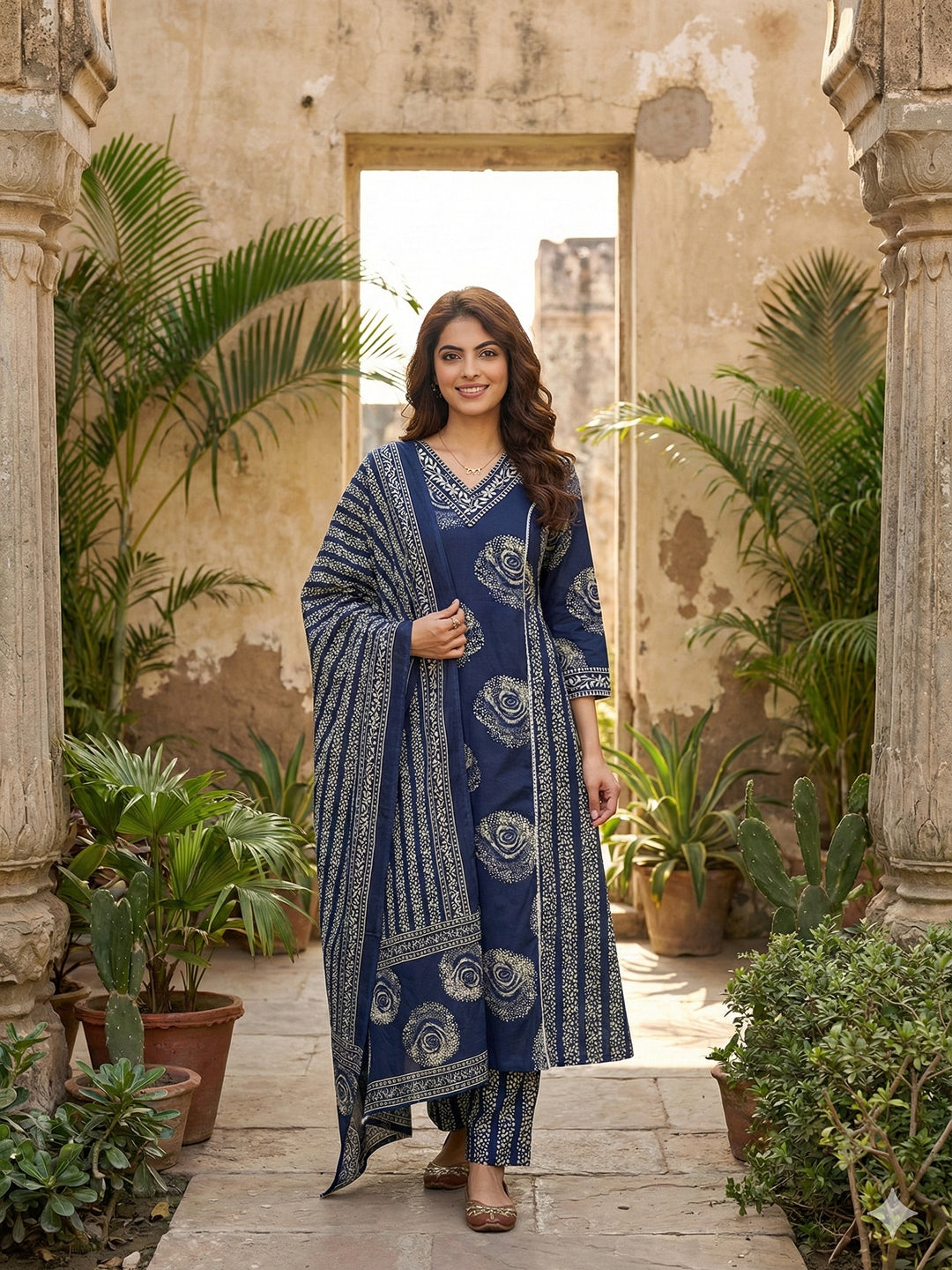 Jaitpuriya Blue Pure Cotton A-line PRIENCESS cUT Kurta Set