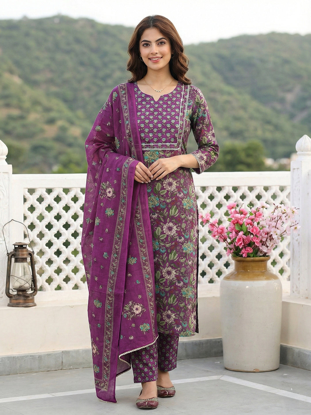 Jaitpuriya Purple And Green Pure Cotton Straight Regular Kurta Set
