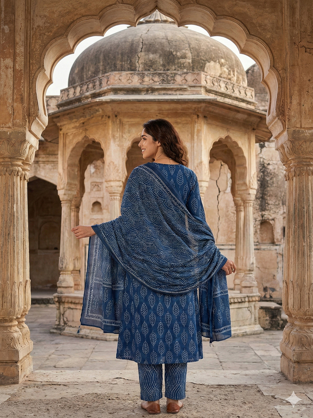 Jaitpuriya Blue Pure Cotton A-line Regular Kurta Set