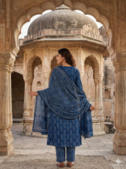 Jaitpuriya Blue Pure Cotton A-line Regular Kurta Set