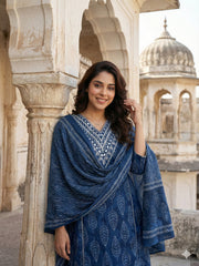 Jaitpuriya Blue Pure Cotton A-line Regular Kurta Set
