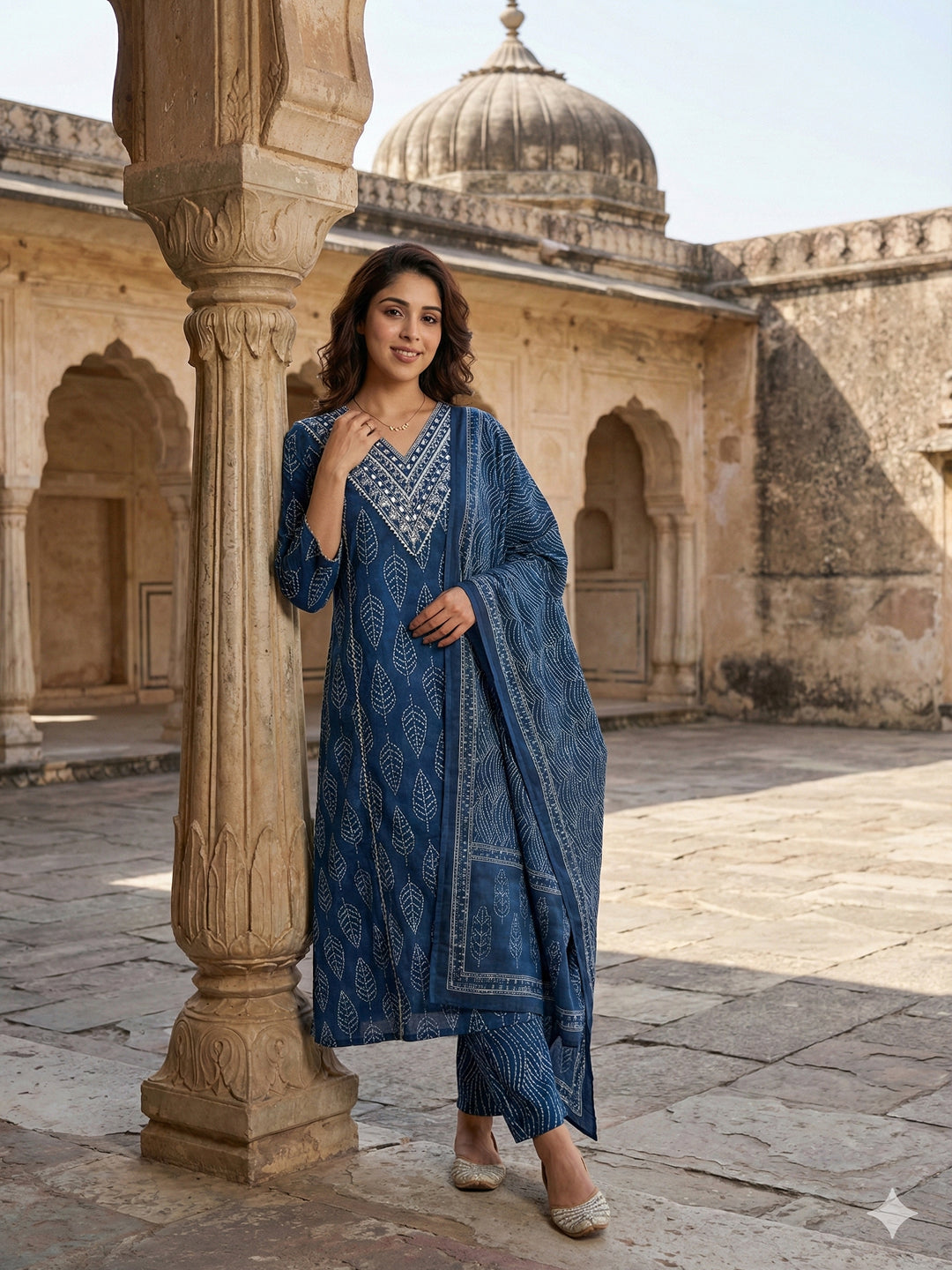 Jaitpuriya Blue Pure Cotton A-line Regular Kurta Set