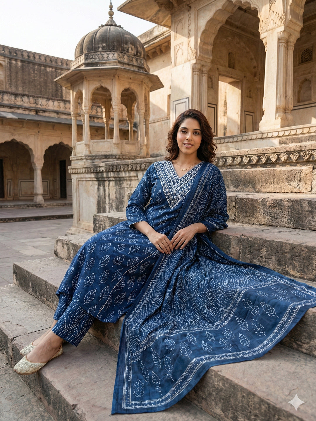 Jaitpuriya Blue Pure Cotton A-line Regular Kurta Set