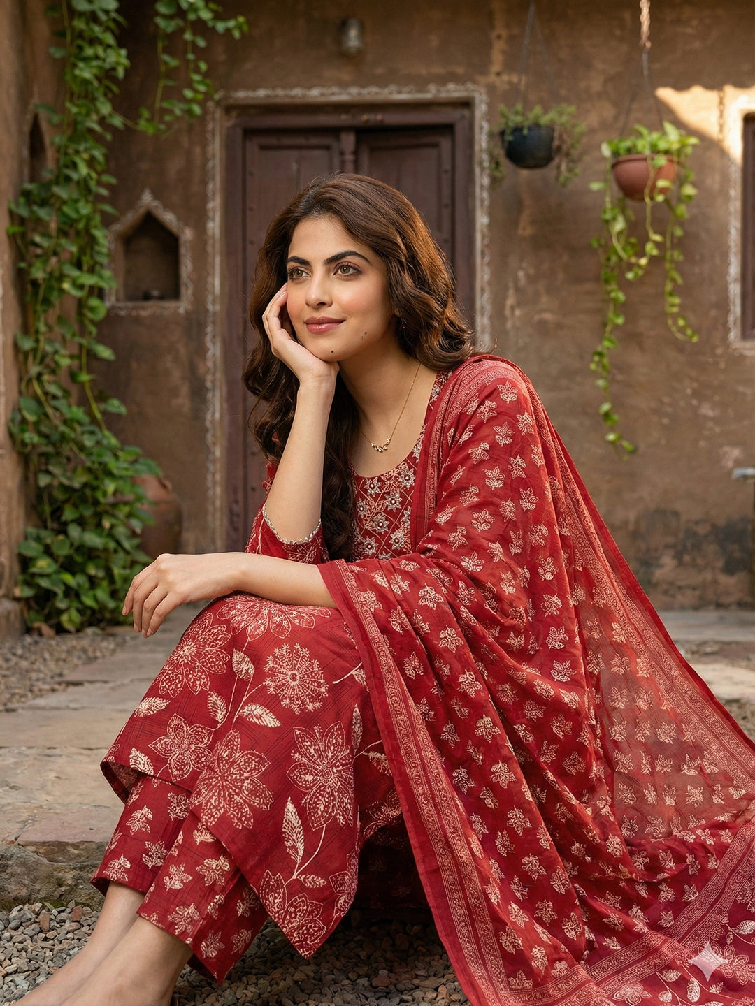 Jaitpuriya Red Pure Cotton Straight Regular Kurta Set