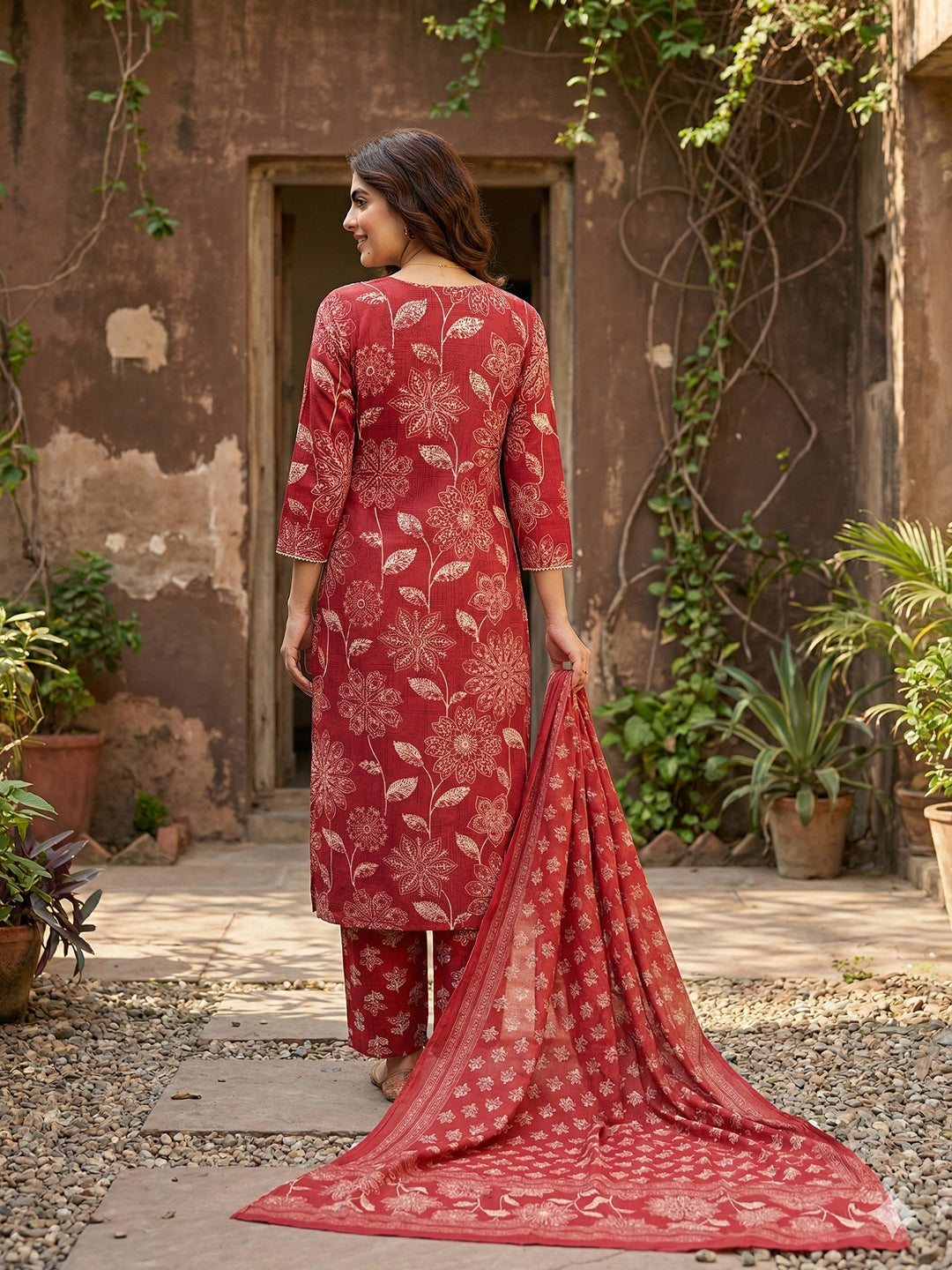Jaitpuriya Red Pure Cotton Straight Regular Kurta Set
