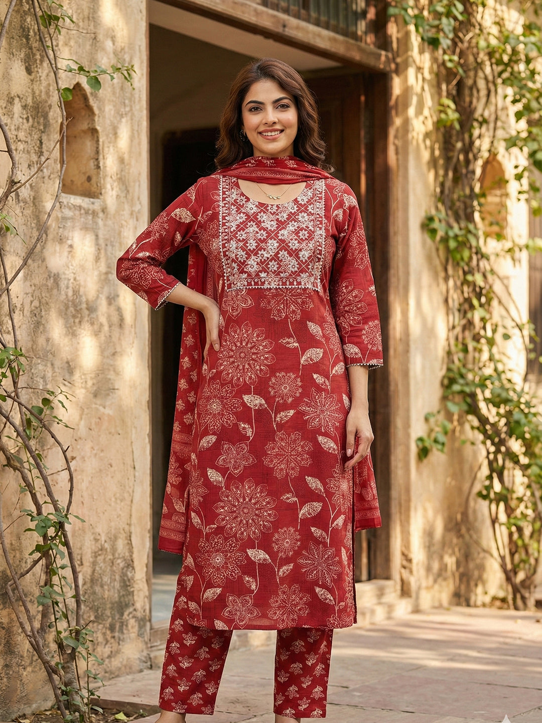 Jaitpuriya Red Pure Cotton Straight Regular Kurta Set