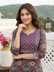 Jaitpuriya Purple And Green Pure Cotton Straight Regular Kurta Set