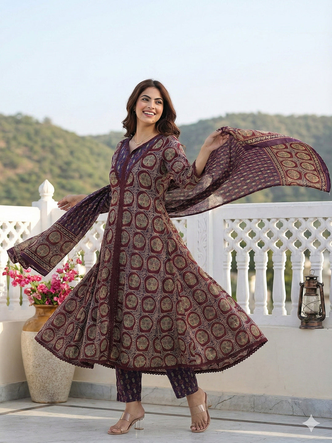 Jaitpuriya Purple And Brown Pure Cotton A-line Regular Kurta Set