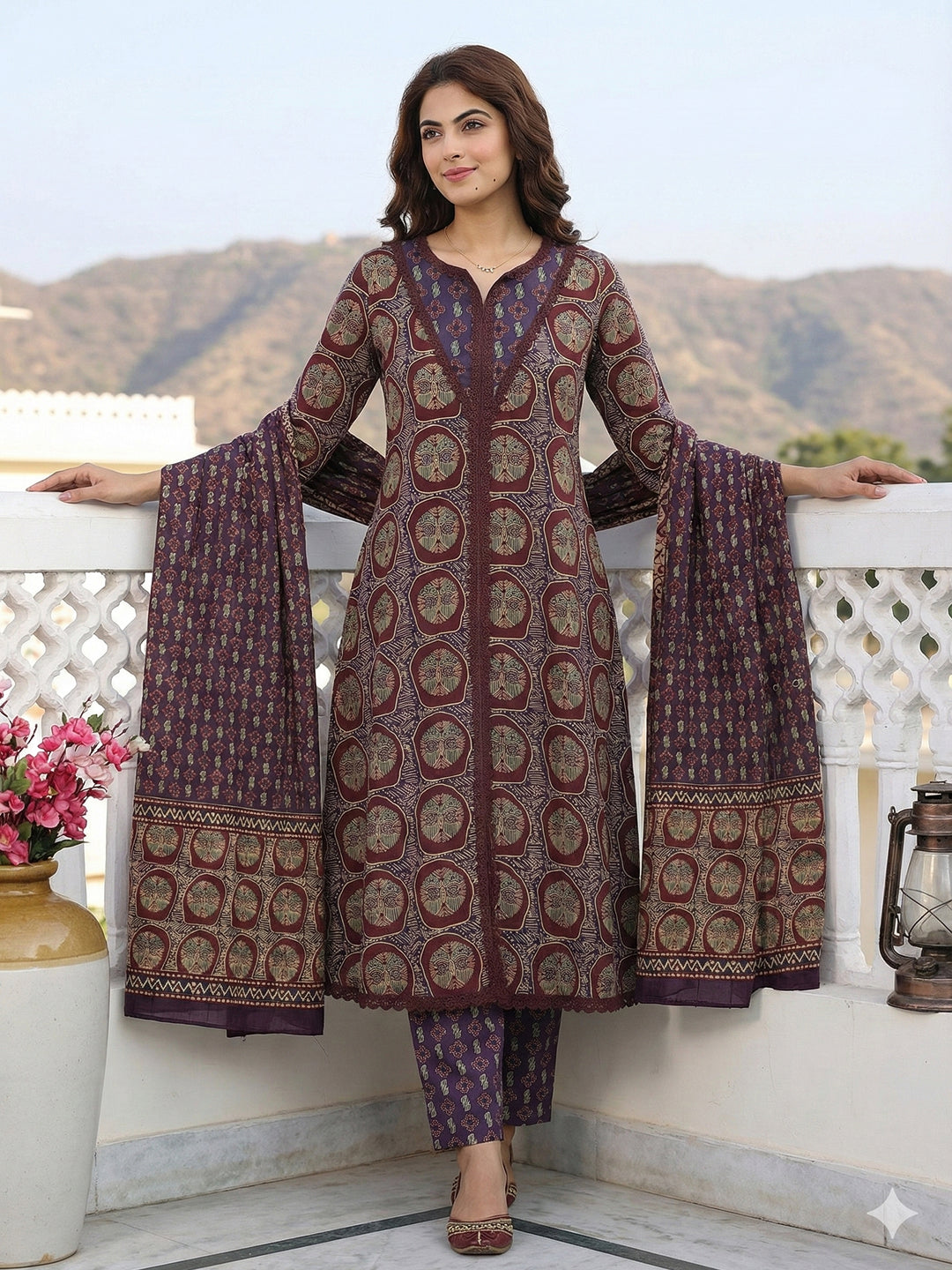 Jaitpuriya Purple And Brown Pure Cotton A-line Regular Kurta Set