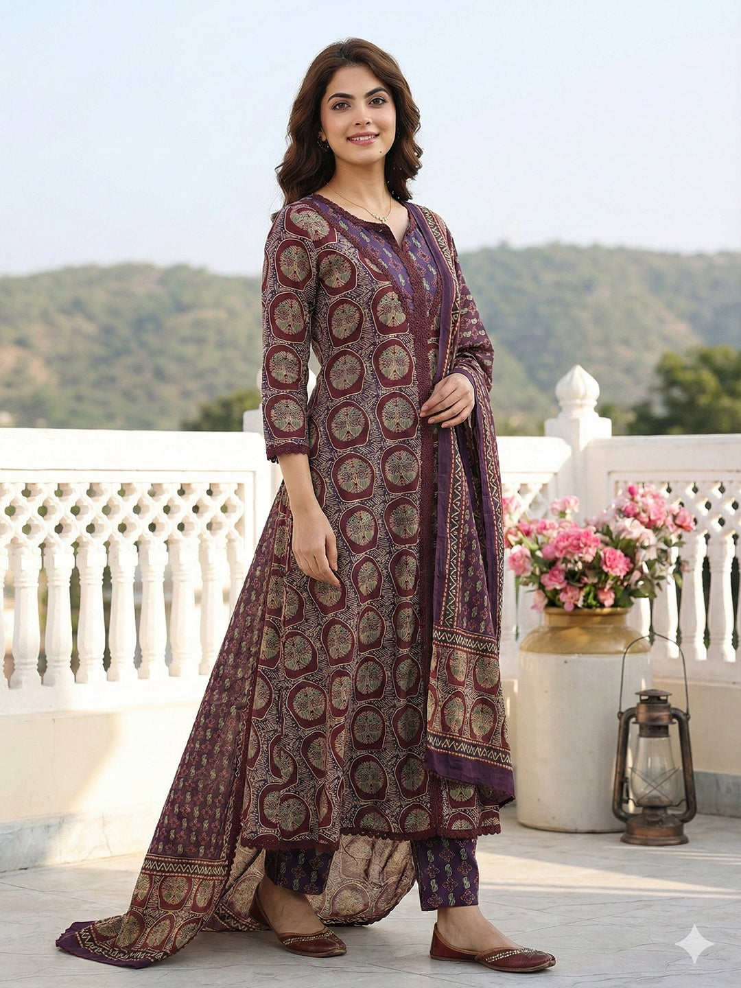 Jaitpuriya Purple And Brown Pure Cotton A-line Regular Kurta Set
