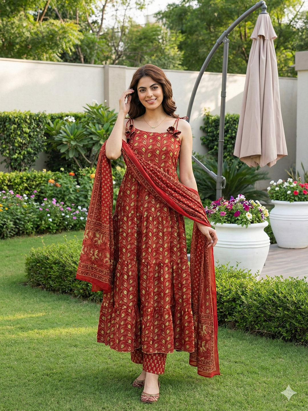 Jaitpuriya Red Pure Cotton Anarkali Pleated Tierd Kurta Set