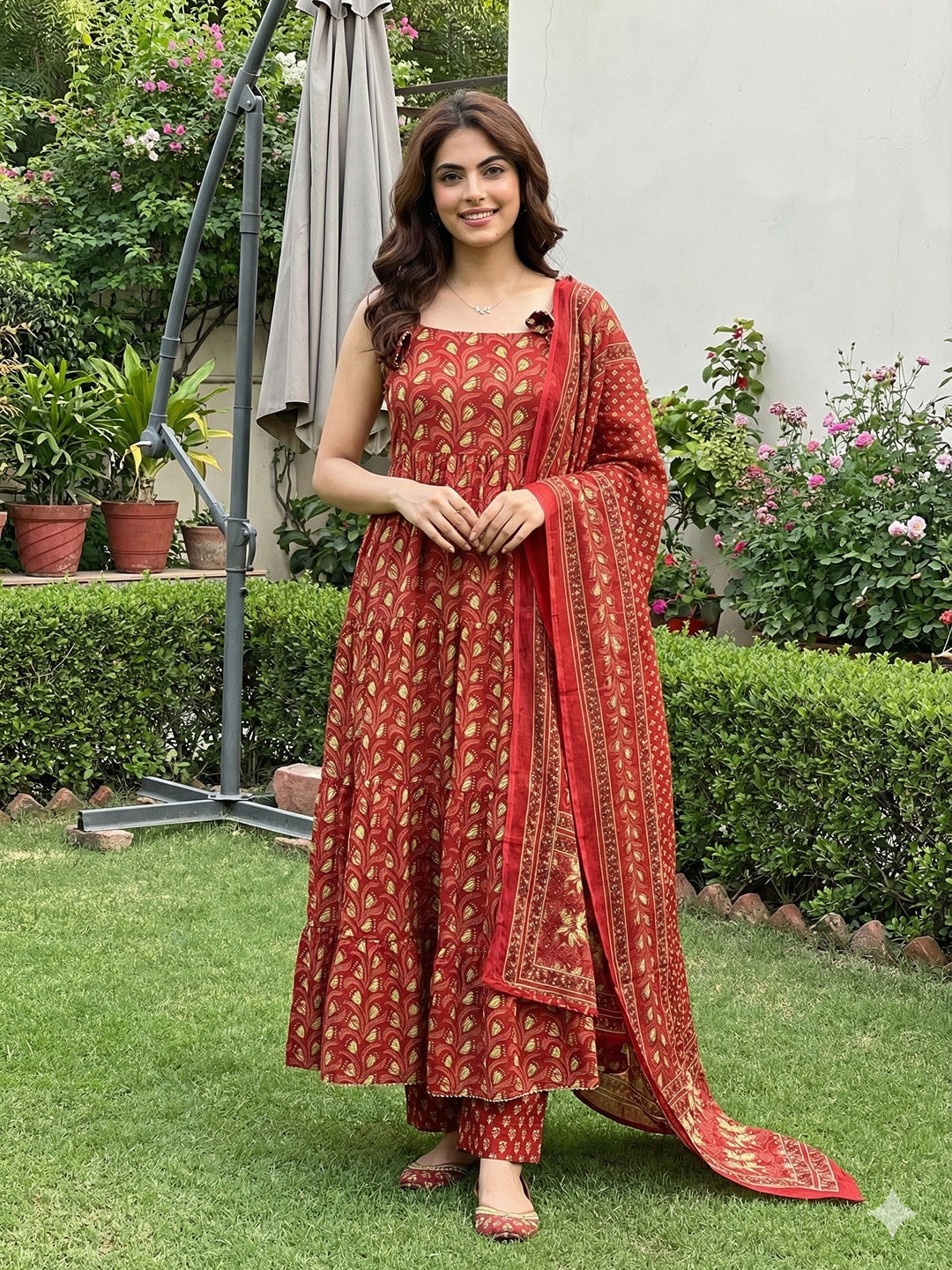 Jaitpuriya Red Pure Cotton Anarkali Pleated Tierd Kurta Set