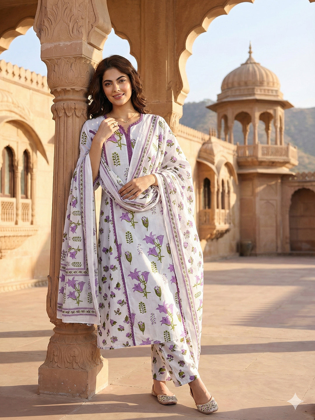 Jaitpuriya Purple And White Pure Cotton A-line Pleated Kurta Set