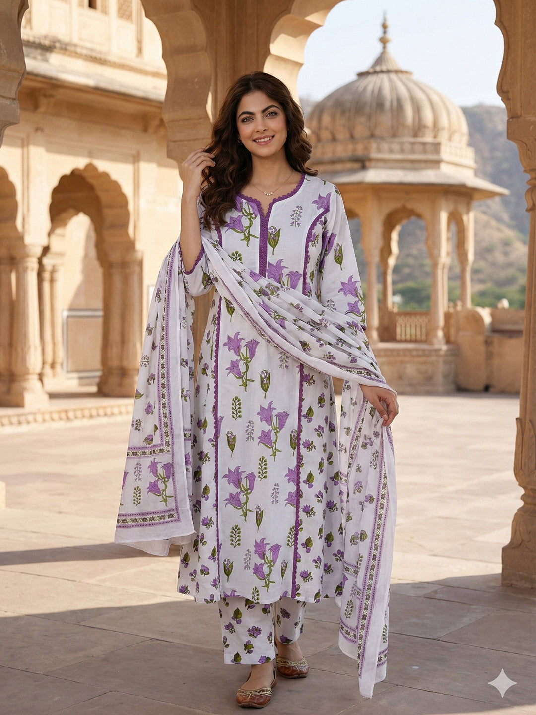 Jaitpuriya Purple And White Pure Cotton A-line Pleated Kurta Set