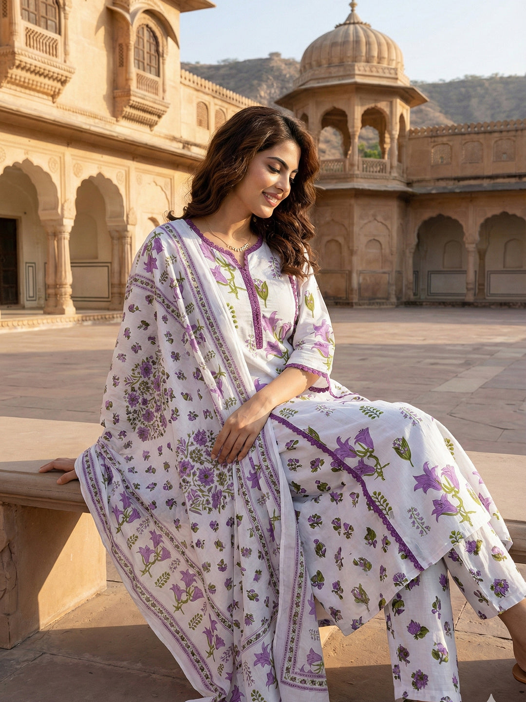Jaitpuriya Purple And White Pure Cotton A-line Pleated Kurta Set