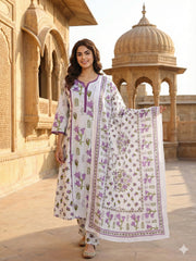 Jaitpuriya Purple And White Pure Cotton A-line Pleated Kurta Set
