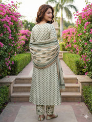 Jaitpuriya Green And White Pure Cotton A-line Regular Kurta Set