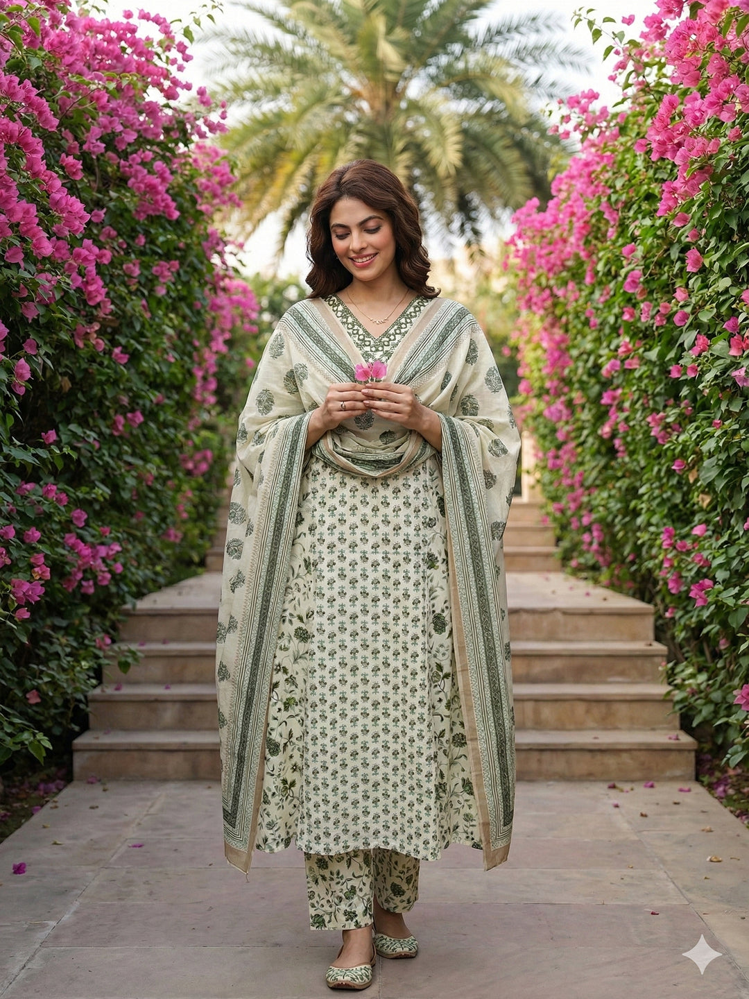Jaitpuriya Green And White Pure Cotton A-line Regular Kurta Set
