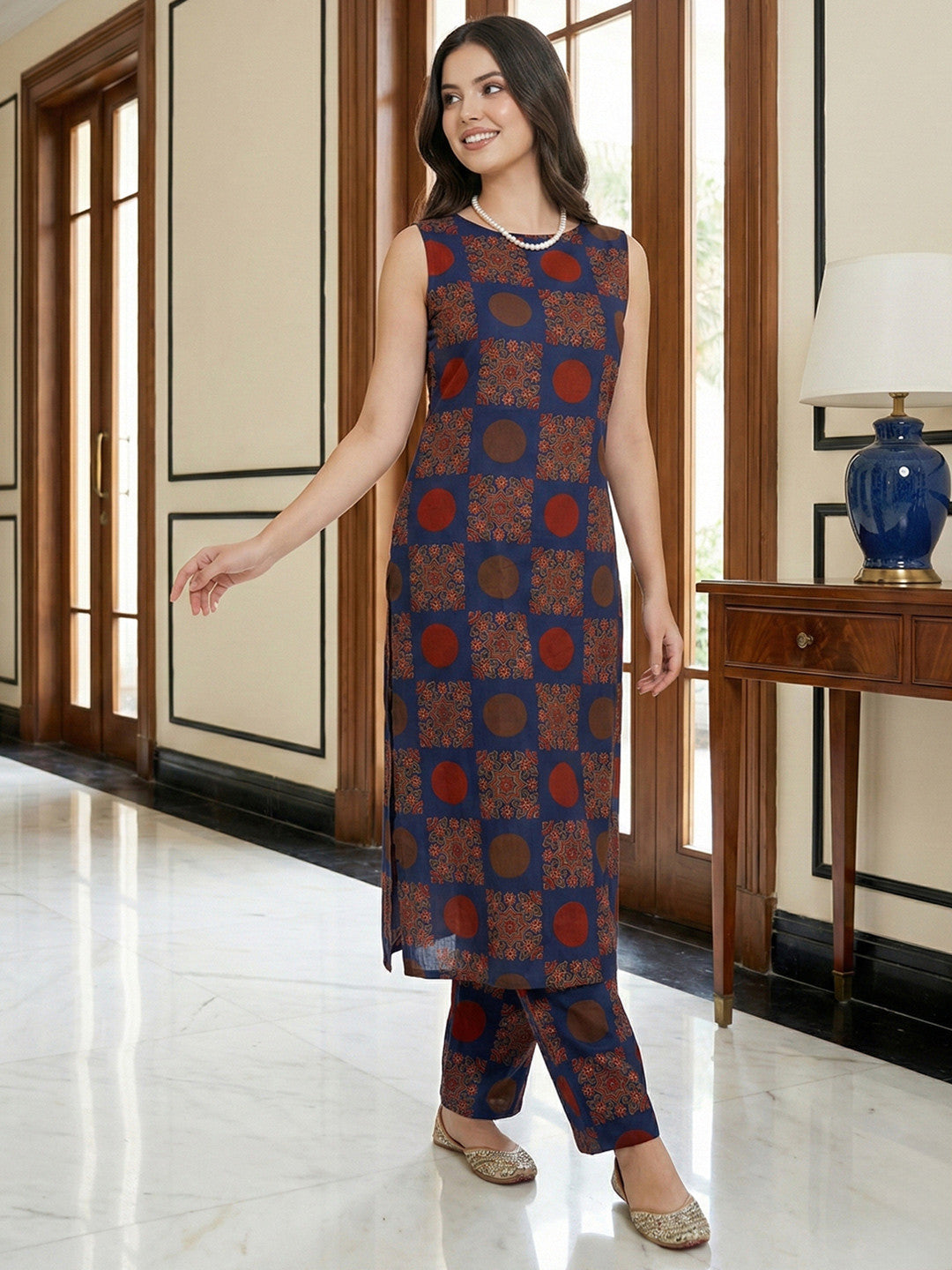 Jaitpuriya BLUE Pure Cotton Straight Regular Kurta Set
