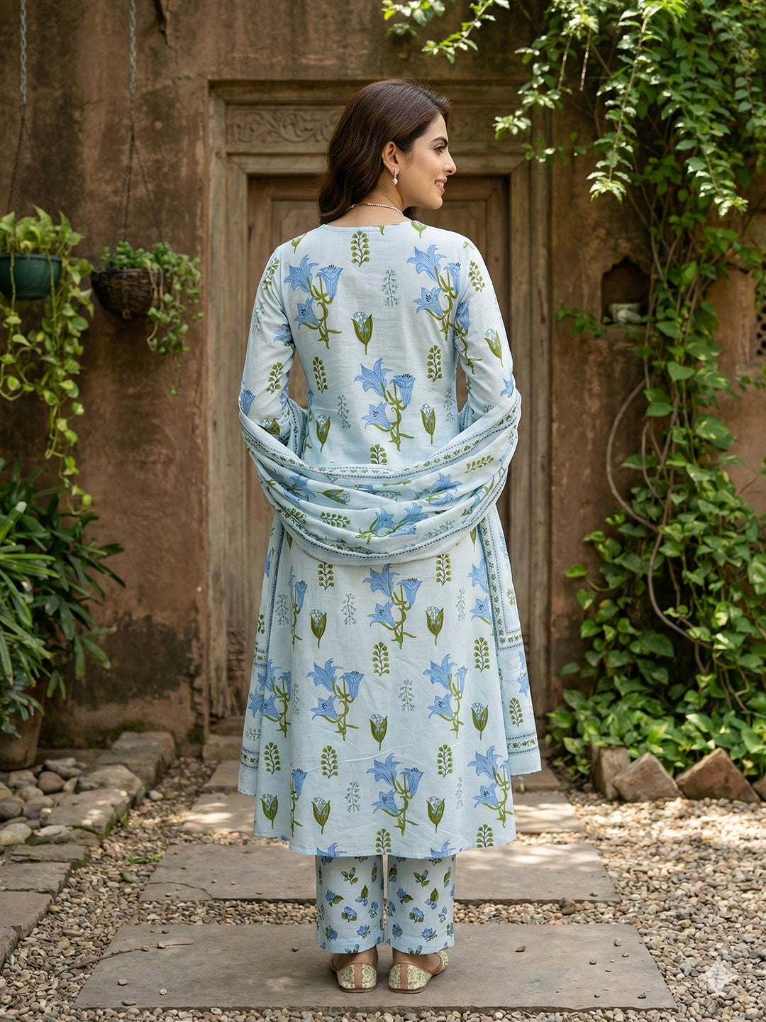 Jaitpuriya Sky Blue And White Pure Cotton A-line Pleated Kurta Set