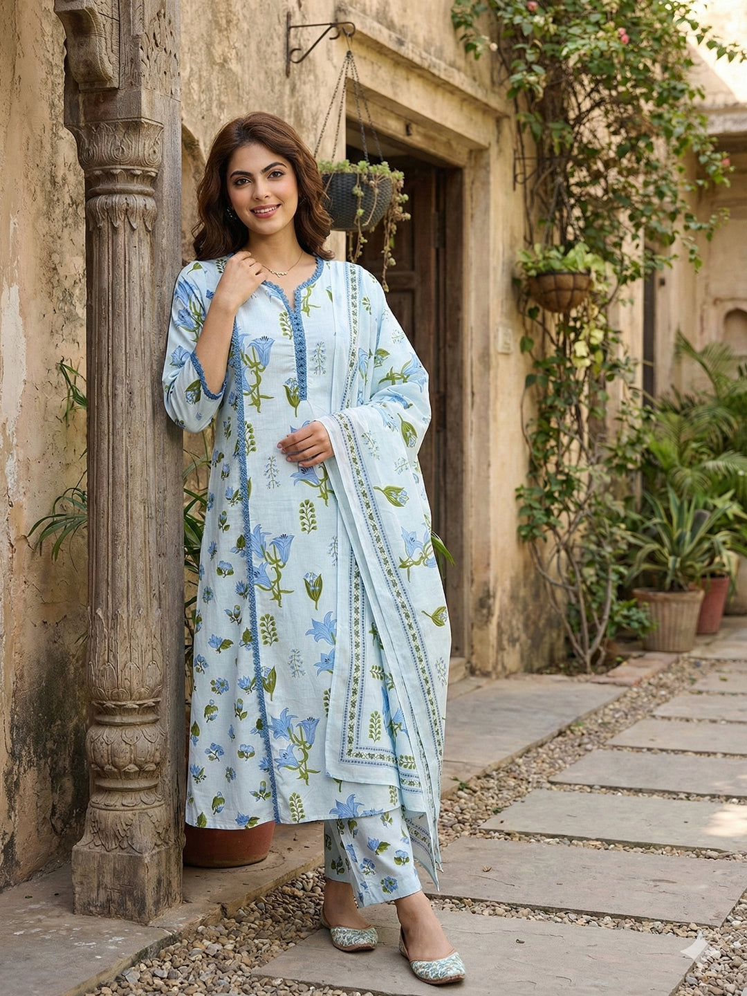 Jaitpuriya Sky Blue And White Pure Cotton A-line Pleated Kurta Set