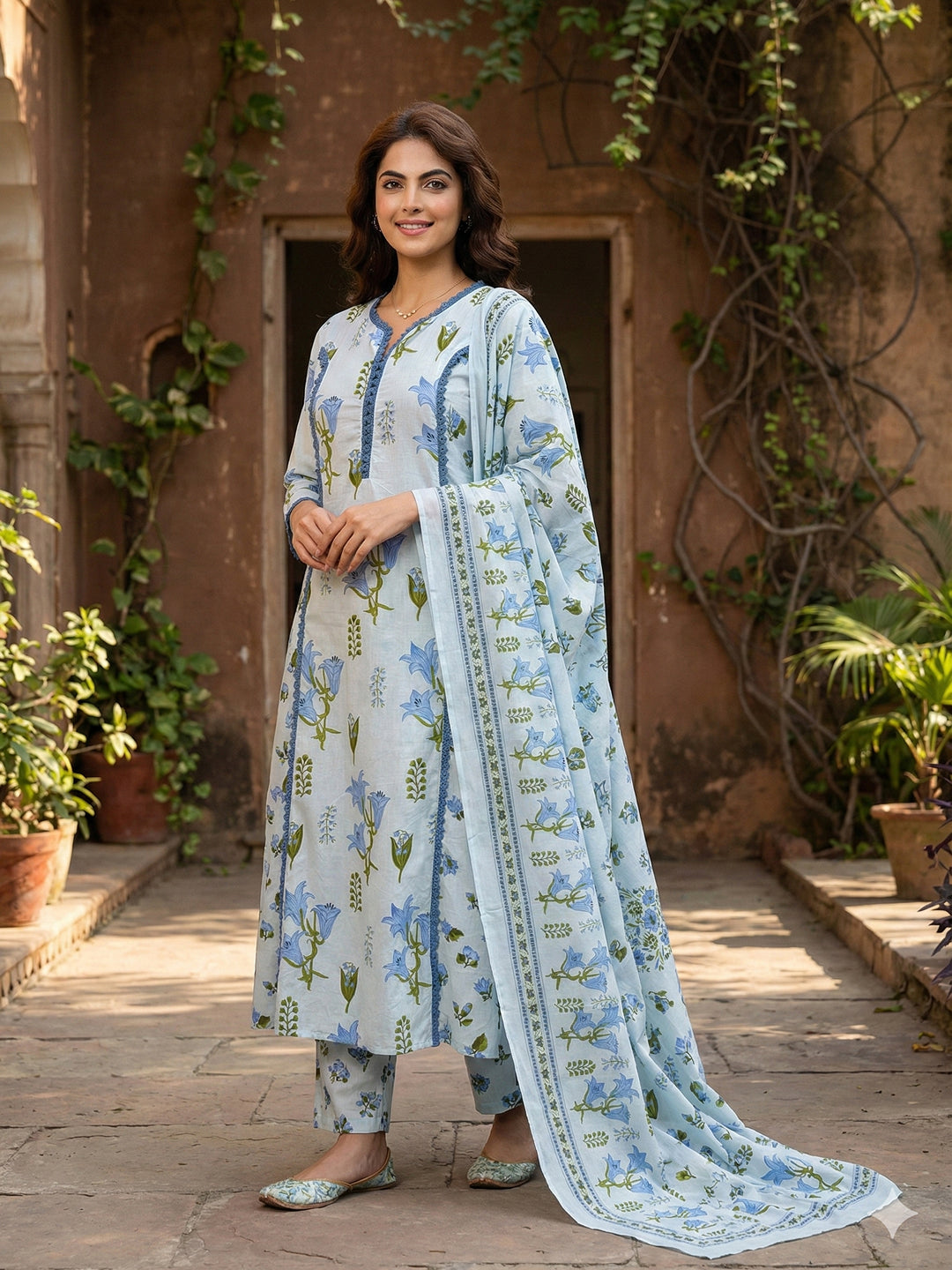 Jaitpuriya Sky Blue And White Pure Cotton A-line Pleated Kurta Set