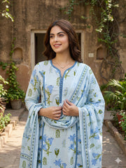 Jaitpuriya Sky Blue And White Pure Cotton A-line Pleated Kurta Set