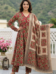 Jaitpuriya Green And Cream Pure Cotton Anarkali Pleated Kurta Set