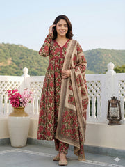 Jaitpuriya Green And Cream Pure Cotton Anarkali Pleated Kurta Set