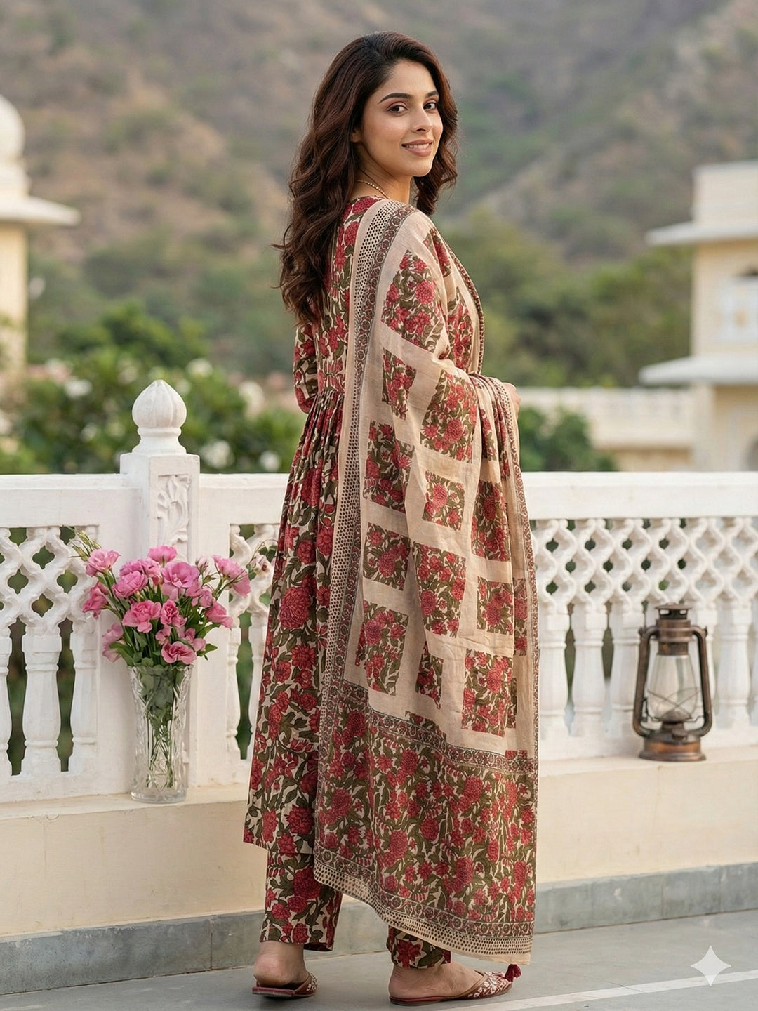 Jaitpuriya Green And Cream Pure Cotton Anarkali Pleated Kurta Set