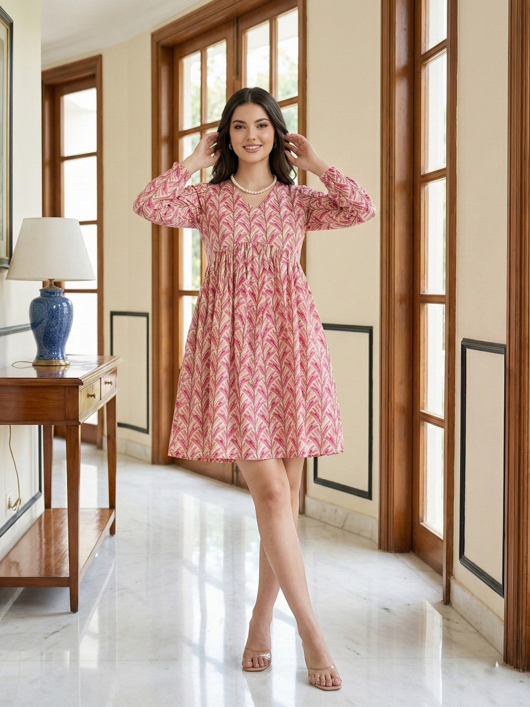 Jaitpuriya Pink And Yellow Pure Cotton Fit & flare Gathered or Pleated Dresses