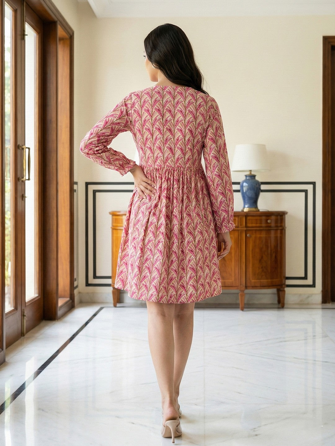 Jaitpuriya Pink And Yellow Pure Cotton Fit & flare Gathered or Pleated Dresses