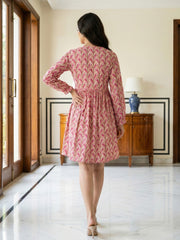 Jaitpuriya Pink And Yellow Pure Cotton Fit & flare Gathered or Pleated Dresses