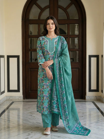 Jaitpuriya Teal Green aND White Pure Cotton Straight Regular Kurta Set