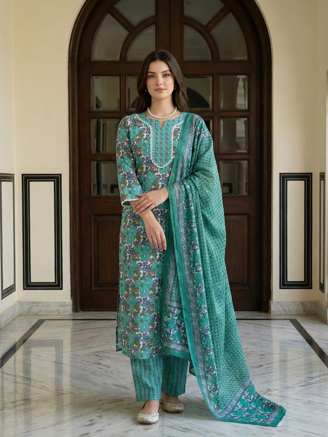Jaitpuriya Teal Green aND White Pure Cotton Straight Regular Kurta Set