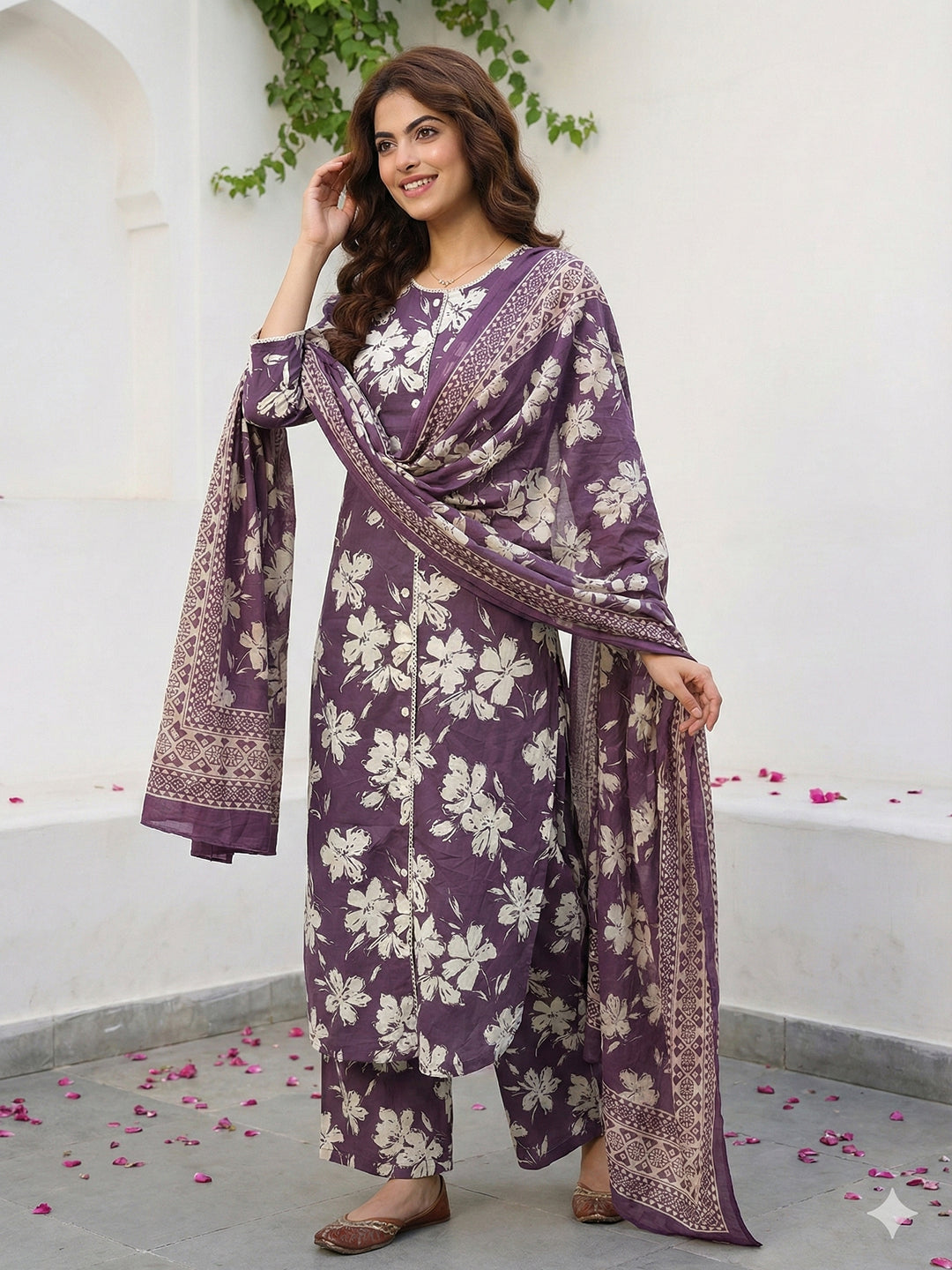 Jaitpuriya Purple And Beige Pure Cotton Straight Regular Kurta Set
