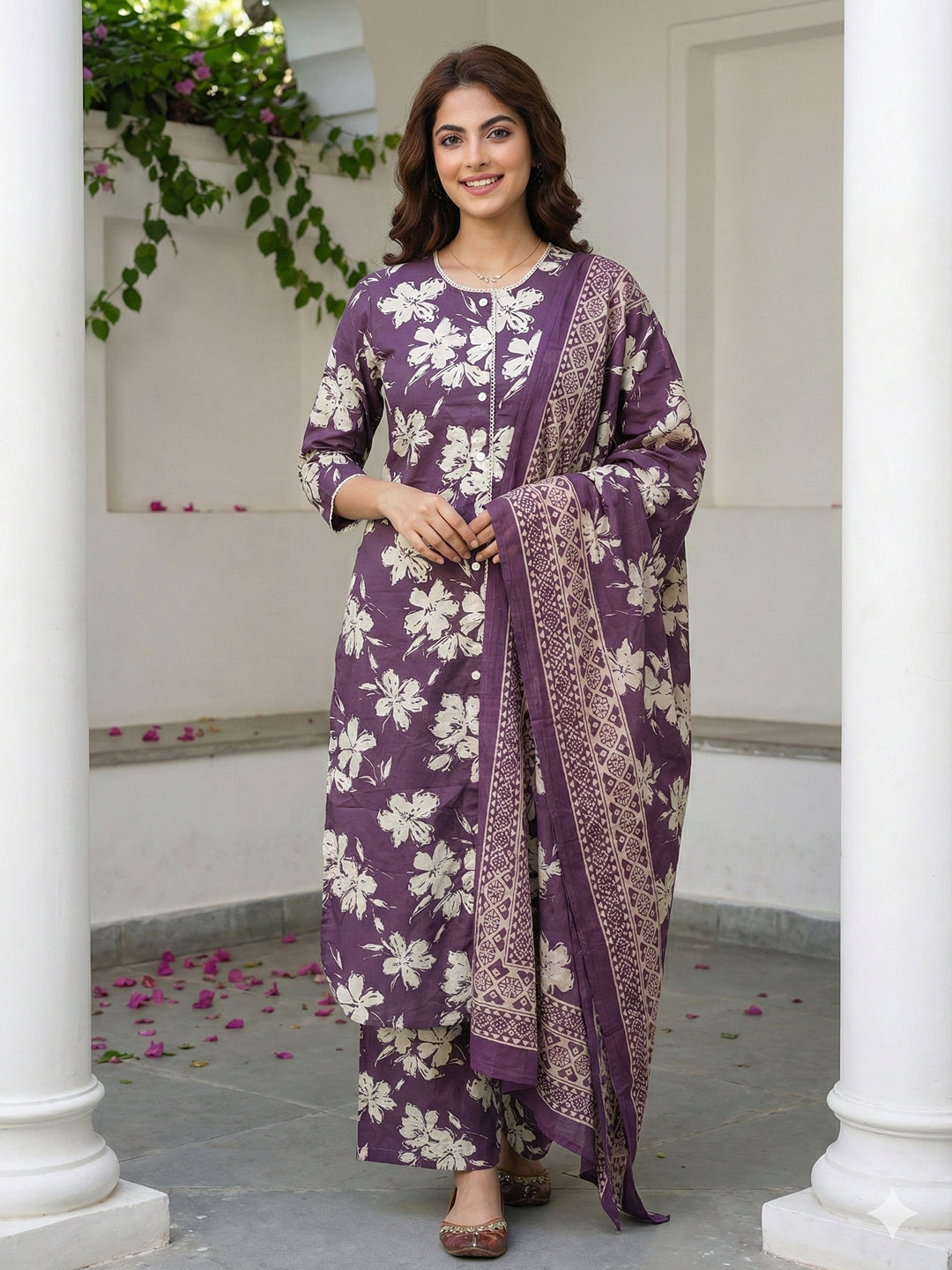 Jaitpuriya Purple And Beige Pure Cotton Straight Regular Kurta Set