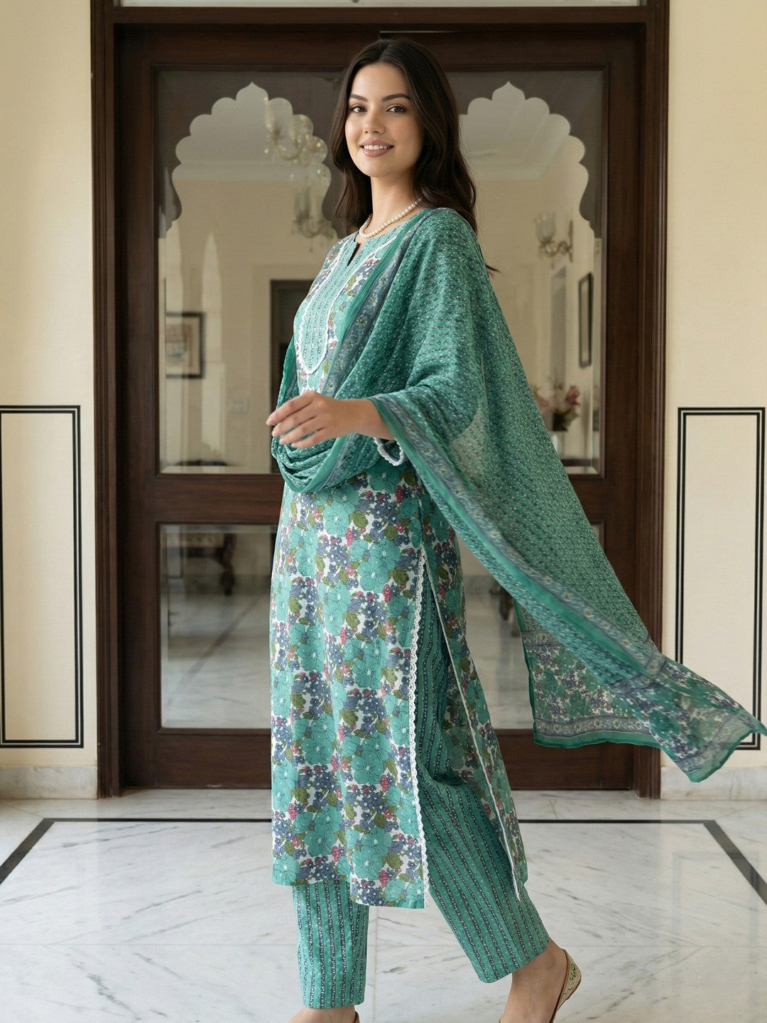 Jaitpuriya Teal Green aND White Pure Cotton Straight Regular Kurta Set