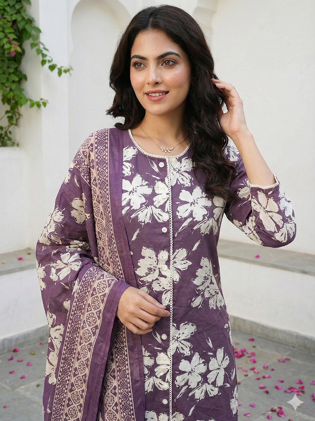 Jaitpuriya Purple And Beige Pure Cotton Straight Regular Kurta Set
