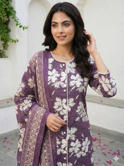 Jaitpuriya Purple And Beige Pure Cotton Straight Regular Kurta Set