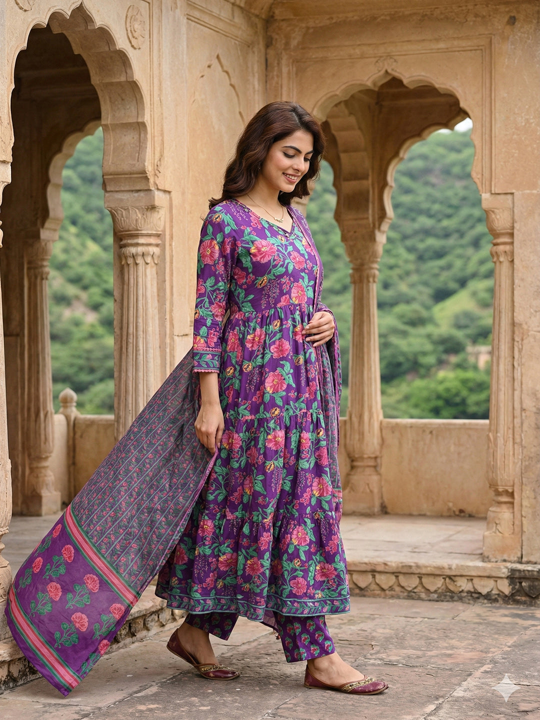 Jaitpuriya Purple And Pink Pure Cotton Anarkali Tierd Kurta Set