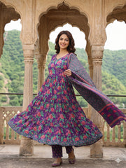 Jaitpuriya Purple And Pink Pure Cotton Anarkali Tierd Kurta Set